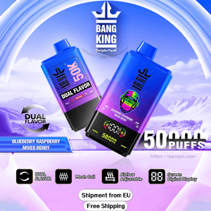 Two blue-to-purple gradient Bang King disposable vape devices displaying a neon monkey logo, 'Dual Flavor' and 'Blueberry Raspberry Mixed Berry' labels, a digital puff counter and large '5000 puffs' text over a stylized icy mountain background with icons for mesh coil, adjustable airflow and free EU shipping.