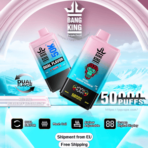 Promotional banner showing two pink-to-teal gradient Bang King disposable vapes with crown logo and skull/monkey graphic, digital display indicating 50,000 puffs and 'Dual Flavor' labeling for Red Bull Blueberry Watermelon, feature icons for mesh coil, adjustable airflow and screen display, set against an icy mountain background with 'Shipment from EU Free Shipping' text.