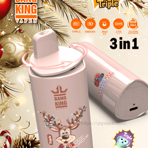 Pink Bang King Vapen 100k Triple 3‑in‑1 disposable vape device shown front and center with a cartoon reindeer 'Pinklemonade' label and Bang King logo, a second pink device lying behind it, colorful '100k Triple' and '3 in 1' graphics and technical icons (Type‑C, 600mAh, 24ml×3) set against a festive gold pine branch and Christmas ornament background.