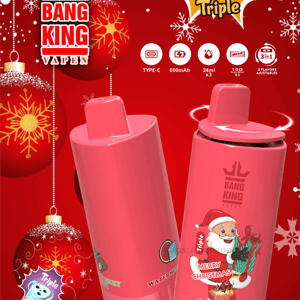 Red holiday-themed advertisement for Bang King Vapen featuring two pink disposable vape devices—one with a Santa 'Merry Christmas' sticker—set against a red, snowflake-and-ornament background with a prominent '100k Triple' badge and icons for Type-C, 600mAh, 24ml×3 and 3-in-1 features plus a small three-flavor diagram.