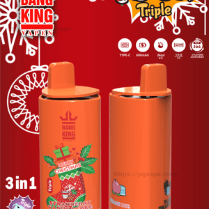 Christmas-themed red poster displaying two glossy orange Bang King disposable vape devices with top mouthpieces, a large 