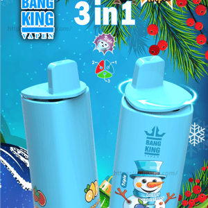 Two light-blue cylindrical Bang King Vapen disposable devices with flat rectangular mouthpieces shown against a festive pine-and-berry background, prominent '3 in 1' and '100K Triple' badges, and a snowman 'Blueberry Ice' flavor sticker plus smaller strawberry-watermelon and lemon icons.