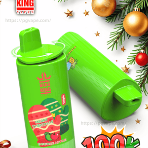 Bright green Bang King Vapen 3-in-1 disposable vape device labeled 'Merry Christmas Double Apple' shown in two angles against a festive background of pine branches, gold baubles and stars with a prominent '100k Triple' graphic.