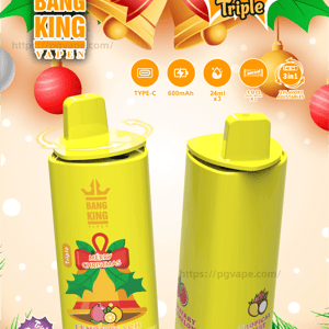 Promotional poster showing two bright yellow Bang King Vapen disposable devices labeled Lemon Peach and Tropical Fruit in front of holiday decorations (red bow, gold bells and holly), with a prominent 100K Triple burst and brand logo at the top and icons indicating Type‑C charging, 600mAh battery, 24ml x3 capacity and a 3‑in‑1 three‑flavor feature.