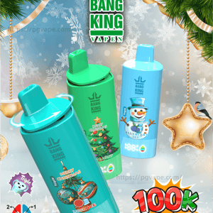 Holiday-themed advertisement featuring three colorful Bang King Vapen disposable vape devices (teal, green, blue) decorated with Christmas graphics and a green crown logo at top, set against snowy fir branches and ornaments with icons and labels for '3 in 1', '100K Triple', Type-C charging, 600 mAh and 24 ml x3 specifications.