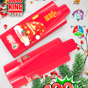 Two bright red Bang King 3‑in‑1 disposable vape devices with strawberry-themed labels and the Bang King logo, set among evergreen sprigs, holly berries, wrapped gift boxes with gold bows and prominent '3 in 1' and '100k Triple' promotional text.