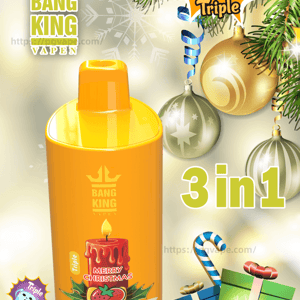 Bright yellow-orange Bang King Vapen disposable device centered on a festive background of pine branches, gold ornaments and wrapped presents, labeled “Merry Christmas Strawberry Watermelon” with prominent “3 in 1” and “100K Triple” graphics and small icons for Type-C charging, 600mAh and triple 24ml flavors.