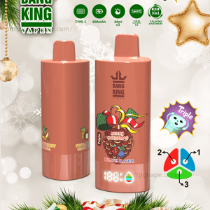 Holiday-themed ad showing two coral-pink Bang King Vapen disposable vape devices—front one labeled “Merry Christmas Blue Razz” with a small LED battery readout—surrounded by evergreen branches, ornaments, a large green Bang King logo at upper left, a colorful “100k Triple” burst at upper right, and a prominent “3 in 1” ribbon banner at the bottom.