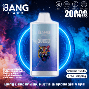 Packaged Bang Leader disposable vape shown front-on with a roaring tiger logo and large 