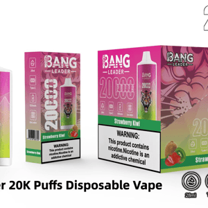 Three Bang Leader '20,000 Puffs' Strawberry Kiwi disposable vape items — a pink-to-green gradient device with a snarling tiger logo, a retail sleeve and a larger display box featuring branding, a nicotine warning, strawberry and kiwi images, and icons for 28ml, Type‑C charging, 650mAh battery and dual mesh.