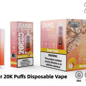 Front-facing Bang Leader disposable vape and two Mango Peach boxes arranged on a white background, showing the pink-orange device with a tiger face graphic, '20,000 puffs' label, nicotine warning panel, and small icons for 28ml capacity, Type‑C charging, 650mAh battery and dual‑mesh.