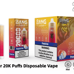 Bang Leader 20K Puffs disposable vape Peach Ice display showing the white-and-pink device with a tiger illustration, two colorful product boxes with prominent 20000 puffs text and nicotine warning label, and icons for 28ml, Type-C, 650mAh and dual mesh.