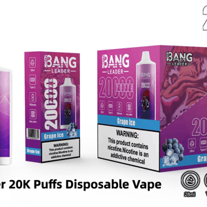 Purple Bang Leader disposable vape device and two retail boxes for Grape Ice bearing 