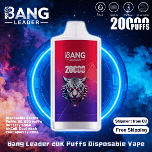 A white-cased disposable vape labeled Bang Leader with a red-to-purple front panel showing a snarling tiger illustration and large “20,000 puffs” text, set against a neon blue circular tech halo and colorful cosmic smoke with small icons for 28ml, Type-C, 650mAh and dual mesh and a ‘Free Shipping – Shipment from EU’ badge.