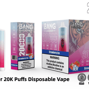 Three Bang Leader Strawberry Ice disposable vape products and packaging on a white background: a pink-to-blue gradient vape device with a tiger logo alongside two matching boxes showing '20,000 puffs', a nicotine warning, flavor label and icons for 28 ml, Type‑C charging, 650 mAh battery and dual mesh.
