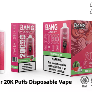 Pink 'Bang Leader' 20,000-puff disposable vape packaging and two matching devices labeled Watermelon Ice with a tiger-head logo, prominent '20,000 puffs' text, nicotine warning panel and icons for 28ml, Type-C, 650mAh and dual mesh.