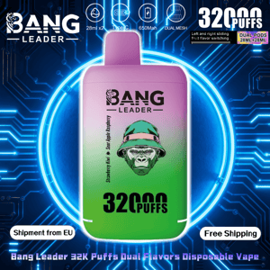 Pink-to-green gradient Bang Leader disposable vape device displaying large '32000 puffs' text and brand name, surrounded by icons for 28ml x2, Type-C, 650mAh and dual mesh, set against a glowing blue circuit-board background with 'Shipment from EU' and 'Free Shipping' labels.