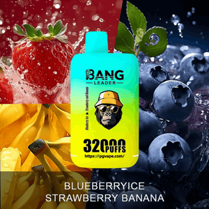 Colorful turquoise-to-yellow disposable vape device labeled BANG LEADER and 32000 PUFFS centered over a split-background collage of splashing strawberry, banana, and blueberry images with the flavor text BLUEBERRY RICE STRAWBERRY BANANA.