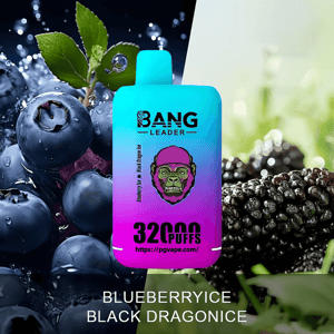 A cyan-to-magenta disposable vape device labeled BANG LEADER and 32000 PUFFS centered against close-up blueberries and blackberries with the flavor text BLUEBERRYRICE BLACK DRAGONICE at the bottom.