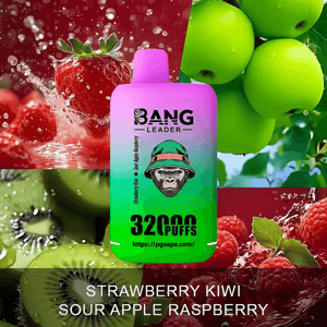 A pink-to-green disposable vape device labeled BANG LEADER and 32000 PUFFS centered on a collage of strawberries, green apples, kiwi slices and raspberries, with the flavor names Strawberry Kiwi Sour Apple Raspberry in white text along the bottom.