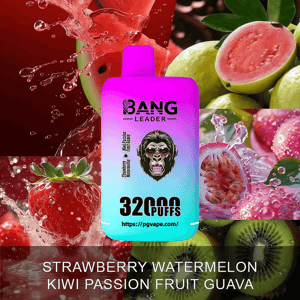 Colorful gradient disposable vape device labeled BANG LEADER 32000 PUFFS centered over a collage of splashing fruits—strawberry, watermelon, kiwi, passion fruit and guava—with the flavor names listed across the bottom.