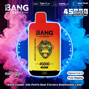 Promotional image of a red-to-yellow Bang Leader disposable vape device centered on a pink-and-blue smoky background with a circular star halo, showing the 45,000 puffs label and digital battery readout, Type-C charging and dual mesh coil icons, 'double flavor' arrows, and 'Shipment from EU' and 'Free Shipping' badges.