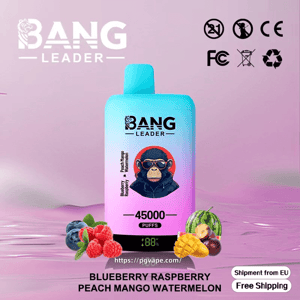Gradient cyan-to-pink disposable vape device labeled BANG LEADER with a small digital display and '45000 PUFFS', surrounded by blueberries, raspberries, mango and watermelon images and flavor text 'BLUEBERRY RASPBERRY PEACH MANGO WATERMELON', certification icons at the top right and a pastel pink background.