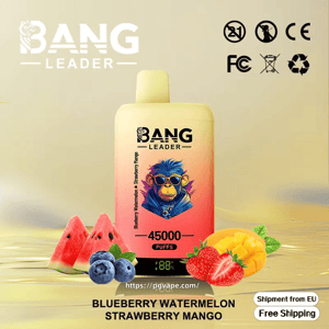 Yellow-to-pink gradient disposable vape labeled BANG LEADER and 45000 PUFFS, shown with watermelon slices, blueberries, strawberries and mango pieces, certification icons at the top right and flavor text 'BLUEBERRY WATERMELON STRAWBERRY MANGO' at the bottom.