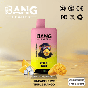 Pink-to-yellow Bang Leader disposable vape device labeled 45,000 puffs featuring a cartoon monkey in sunglasses, pictured with mango slices and ice cubes and surrounding certification icons and the text 'Pineapple Ice Triple Mango' and 'Shipment from EU Free Shipping'.