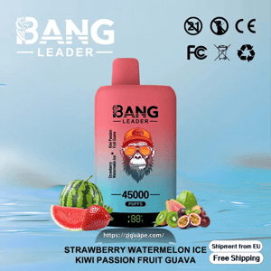 Pink-to-blue Bang Leader disposable vape device featuring a sunglasses-wearing monkey logo and '45000 puffs' on the front, set in water with watermelon, strawberry, kiwi and passion fruit slices, certification icons, and flavor text reading Strawberry Watermelon Ice / Kiwi Passion Fruit Guava.