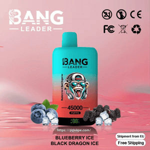 Cyan-to-red gradient disposable vape labeled BANG LEADER showing '45000 puffs' and a digital display, set on a pink surface with blueberries, dark berries and ice cubes, certification icons, a website URL and 'Blueberry Ice Black Dragon Ice' flavor and free-shipping badges.