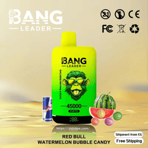 Bright green disposable vape device labeled BANG LEADER with a stylized monkey wearing sunglasses and '45000 puffs' text, shown on a reflective surface alongside a Red Bull can, sliced watermelon and colorful bubble candies, with certification icons and 'Free Shipping'/EU shipment labels in the background.