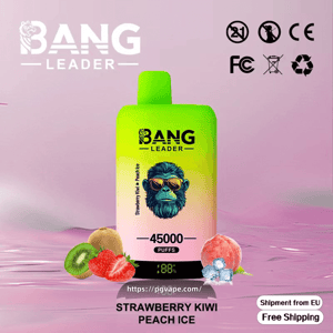 Bright green gradient Bang Leader disposable vape device with a sunglasses-wearing monkey logo labeled 45,000 puffs, surrounded by strawberry, kiwi and peach with ice and shipping badges on a pink background