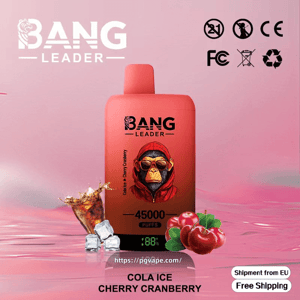 A red Bang Leader disposable vape device featuring a stylized monkey in a red hoodie and sunglasses, labeled 45,000 puffs and 'Cola Ice Cherry Cranberry', set on a pink background with a cola splash, ice cubes and cherries/cranberries at its base and certification icons in the top corner.