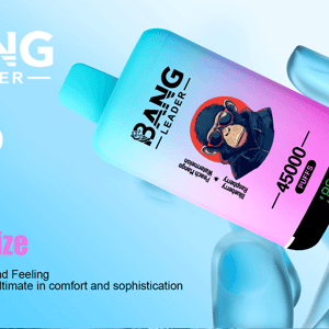 Gradient turquoise-to-pink disposable vape labeled BANG LEADER with a stylized monkey logo and '45,000 puffs' display held between glossy blue gloved fingers against a light-blue background with 'Double Flavor' and promotional text.