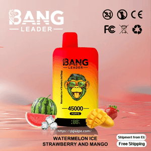Red-to-yellow gradient disposable vape device branded BANG LEADER labeled 45,000 puffs and Watermelon Ice, Strawberry and Mango, pictured with watermelon, mango, strawberry, ice cubes and shipping/certification icons on a pink background.