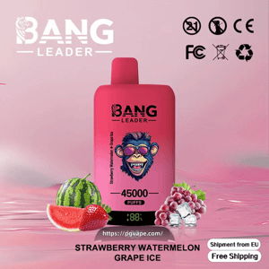 Pink Bang Leader disposable vape device featuring a cartoon monkey in sunglasses and '45000 puffs' printed on it, shown with a watermelon slice, strawberry and grapes with ice, flavor text 'Strawberry Watermelon Grape Ice' and certification icons at the top right.