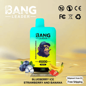 Bright turquoise-to-yellow disposable vape device labeled BANG LEADER with a smoking chimp logo and '45000 puffs' and flavor 'blueberry ice, strawberry and banana', shown on a reflective golden surface with blueberries, ice cubes, a banana and strawberry nearby and certification icons and shipping text in the corners.