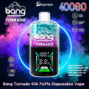Bright ad showing a Bang Tornado disposable vape with a teal-and-purple top and black bottom digital display, surrounded by pink and blue vapor and labeled with 40,000 puffs, 40 mL e-liquid, 850 mAh battery, Type‑C charging and triple mesh coil icons.