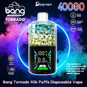 Promotional image of a Bang Tornado disposable vape centered against purple and blue smoke, showing the device’s digital display and textured top and highlighting features: 40,000 puffs, 40 mL e‑liquid, 850 mAh battery, Type‑C charging, triple mesh coils and adjustable power with brand logos.