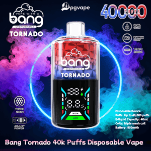 Close-up of a Bang Tornado disposable vape device with a red-to-blue gradient top, digital display and prominent logo centered against swirling purple and blue smoke, with surrounding icons and text advertising 40,000 puffs, 40 mL capacity, 850 mAh battery and Type-C charging.