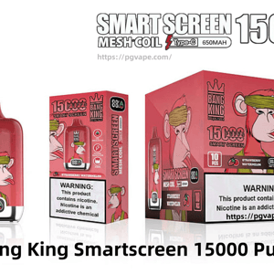 Red Bang King SmartScreen disposable vape device and retail boxes featuring a cartoon bandana-wearing monkey, digital puff counter, '15,000 puffs' branding, 'Strawberry Watermelon' flavor text and a nicotine warning label.