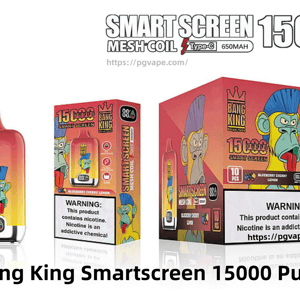 Colorful product display of Bang King SmartScreen disposable vape showing a red-to-yellow gradient device with a blue‑haired cartoon monkey, accompanying boxes labeled “Smart Screen 15000 Puffs” and icons for mesh coil, Type‑C/650mAh and indicators, plus a nicotine warning panel.