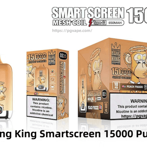 Packaging display for Bang King Smartscreen disposable vape showing a peach-colored device with a crowned monkey logo and digital screen, alongside a retail box and bulk box labeled Smart Screen 15000 puffs and Peach Freeze, with oil and power indicator icons and a nicotine warning.