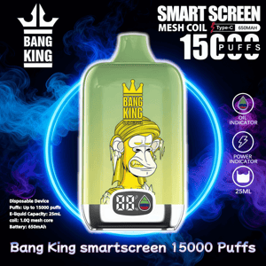 Green pod-style Bang King disposable vape centered on a dark smoky background, featuring a crowned cartoon monkey logo, a small front smart screen showing an 88% battery-style gauge, a glowing blue halo, and surrounding text highlighting Smart Screen, mesh coil, 15,000 puffs and 25ml capacity.
