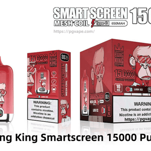 Red Bang King SmartScreen disposable vape device beside two matching red boxes, showing a stylized monkey logo with glasses, crown brand name, prominent 'Smart Screen' and '15000 puffs' text, icons for oil/power/25 ml, Type-C and mesh-coil labels, and a nicotine warning label.