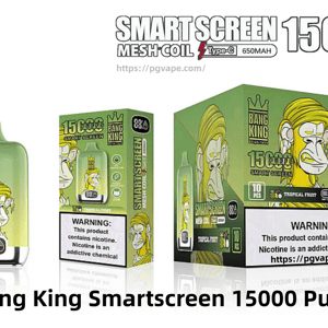 Green Bang King SmartScreen disposable vape device and two retail boxes featuring a crowned cartoon ape illustration, prominent '15,000 puffs' branding, a small digital display on the device, indicator icons, and a nicotine warning label.