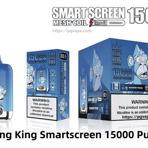 Blue Bang King Smartscreen vape device alongside two product boxes showing a cartoon blue ape, crown logo, 'SMART SCREEN 15000 PUFFS' text, a small digital display on the device, and nicotine warning labels.