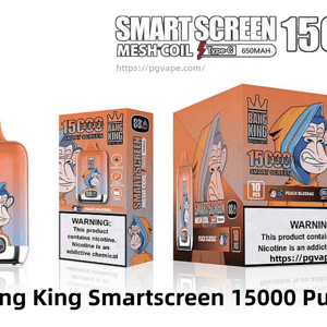 Three-piece display of Bang King Smartscreen disposable vape in orange-peach gradient, showing the device, a single retail box and a larger 10-pack box featuring a cartoon ape logo, '15000 puffs' and a smart-screen digital indicator, plus a nicotine warning label.