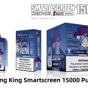 Blue Bang King Smartscreen disposable vape device and matching retail boxes showing a stylized monkey in a purple top hat, '15000 puffs' branding, a small digital screen, indicator icons and a nicotine warning.